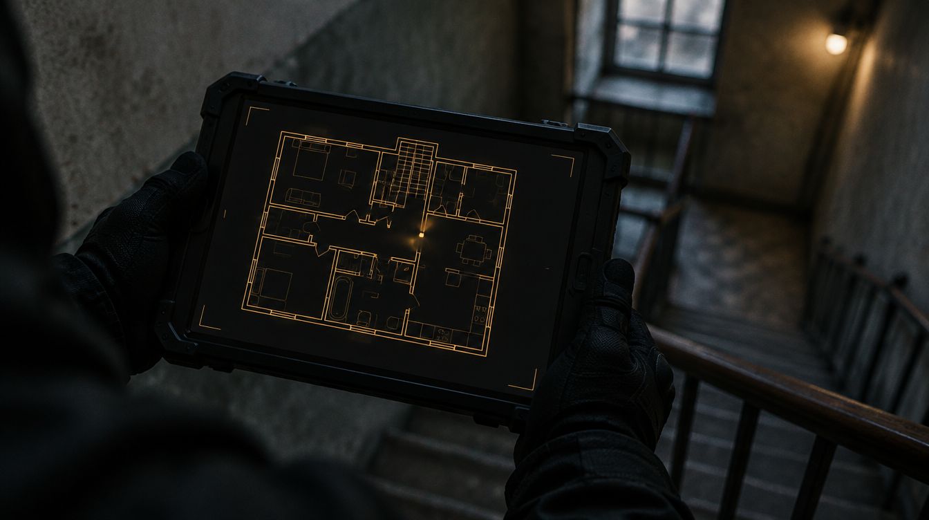 Gloved hands holding a rugged tablet in a stairwell, a floor plan drawn in amber on the screen